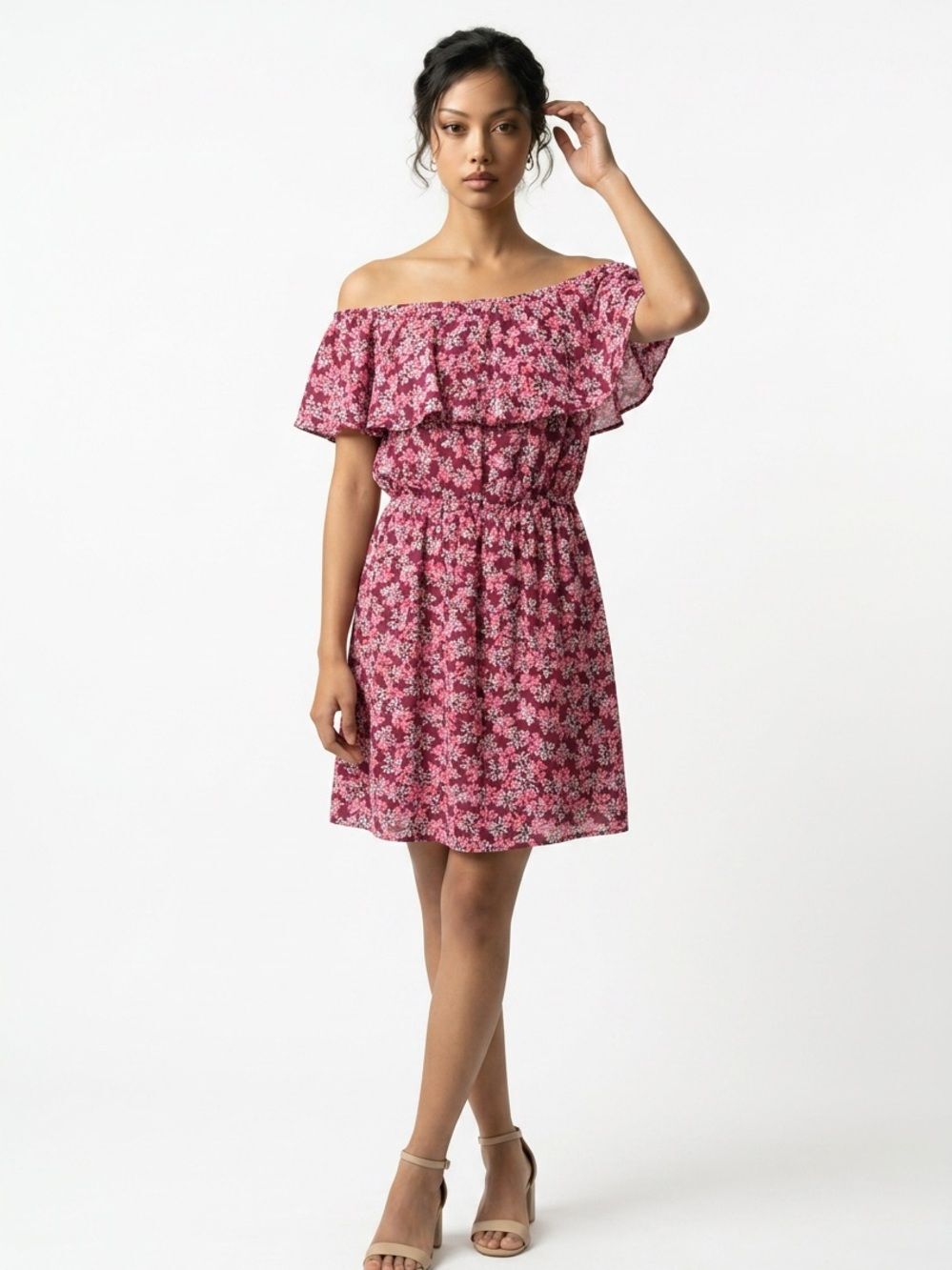 EXPRESS | Off the Shoulder Floral Burgundy White Neon Pink Dress Women’s Size S